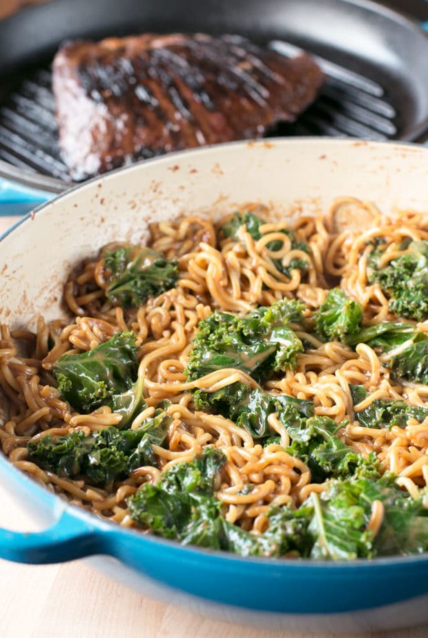 Soy Marinated Flank Steak with Creamy Kale Peanut Noodles | cakenknife.com #dinner #datenight #pasta #steak