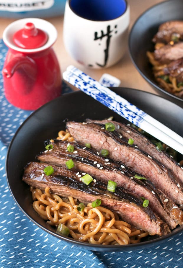 Soy Marinated Flank Steak with Creamy Kale Peanut Noodles | cakenknife.com #dinner #datenight #pasta #steak