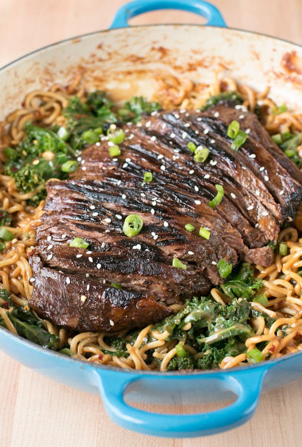 Soy Marinated Flank Steak with Creamy Kale Peanut Noodles | cakenknife.com #dinner #datenight #pasta #steak