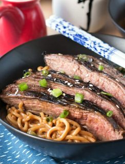 Soy Marinated Flank Steak with Creamy Kale Peanut Noodles | cakenknife.com #dinner #datenight #pasta #steak