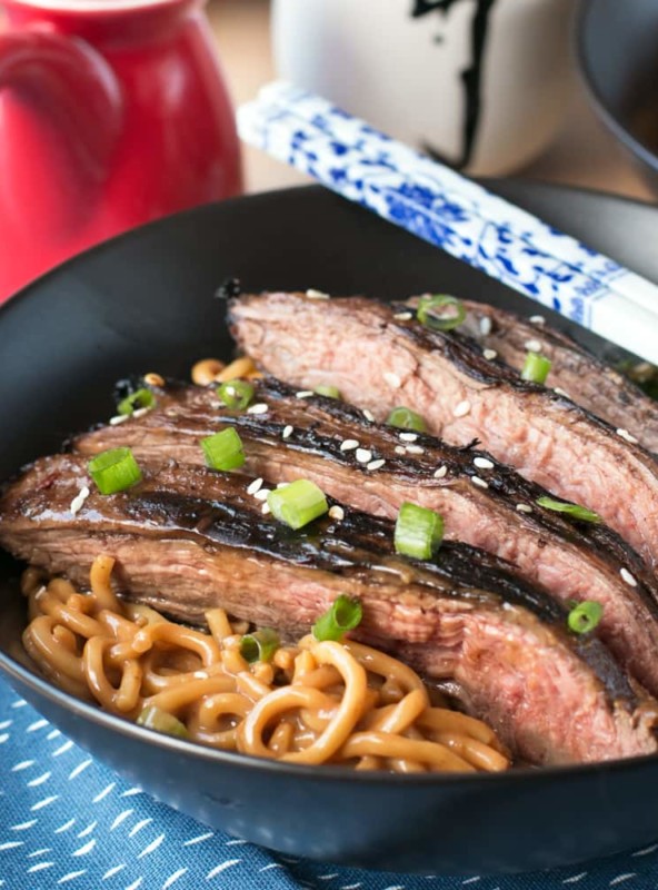 Soy Marinated Flank Steak with Creamy Kale Peanut Noodles | cakenknife.com #dinner #datenight #pasta #steak