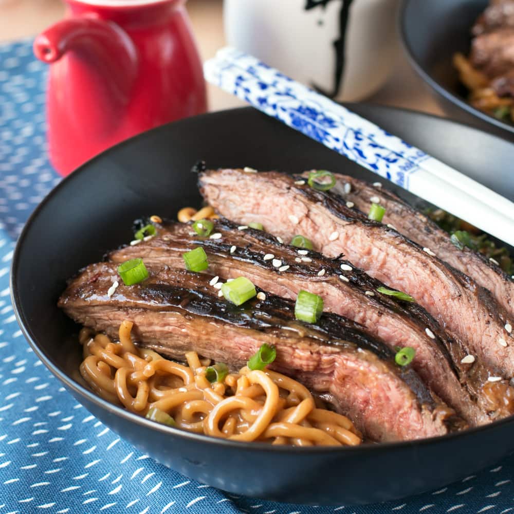 Soy Marinated Flank Steak with Creamy Kale Peanut Noodles | cakenknife.com #dinner #datenight #pasta #steak