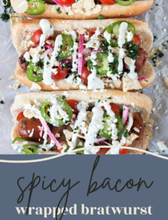 spicy bacon wrapped bratwurst pinterest graphic