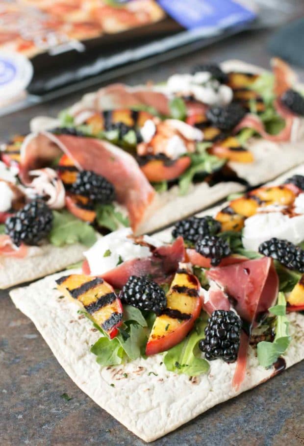 Grilled Peach Prosciutto Flatbread with Blackberry Balsamic Drizzle | cakenknife.com #flatoutflatbread #pizza #appetizer