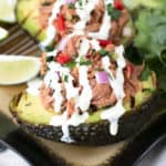 Grilled Pulled Pork Tex Mex Stuffed Avocados | cakenknife.com #grilling #healthy #dinner