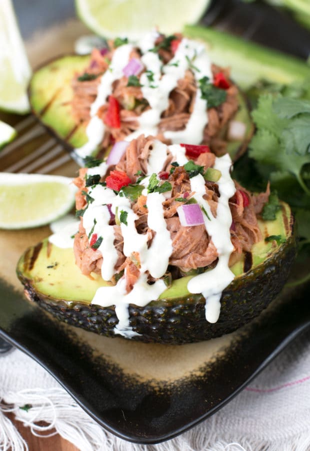 Grilled Pulled Pork Tex Mex Stuffed Avocados | cakenknife.com #grilling #healthy #dinner