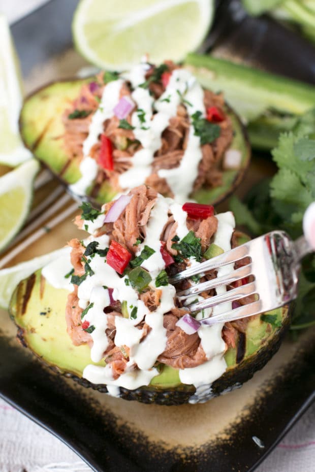 Grilled Pulled Pork Tex Mex Stuffed Avocados | cakenknife.com #grilling #healthy #dinner
