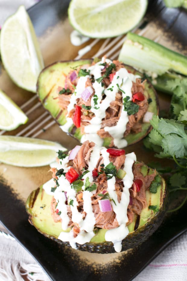 Grilled Pulled Pork Tex Mex Stuffed Avocados | cakenknife.com #grilling #healthy #dinner