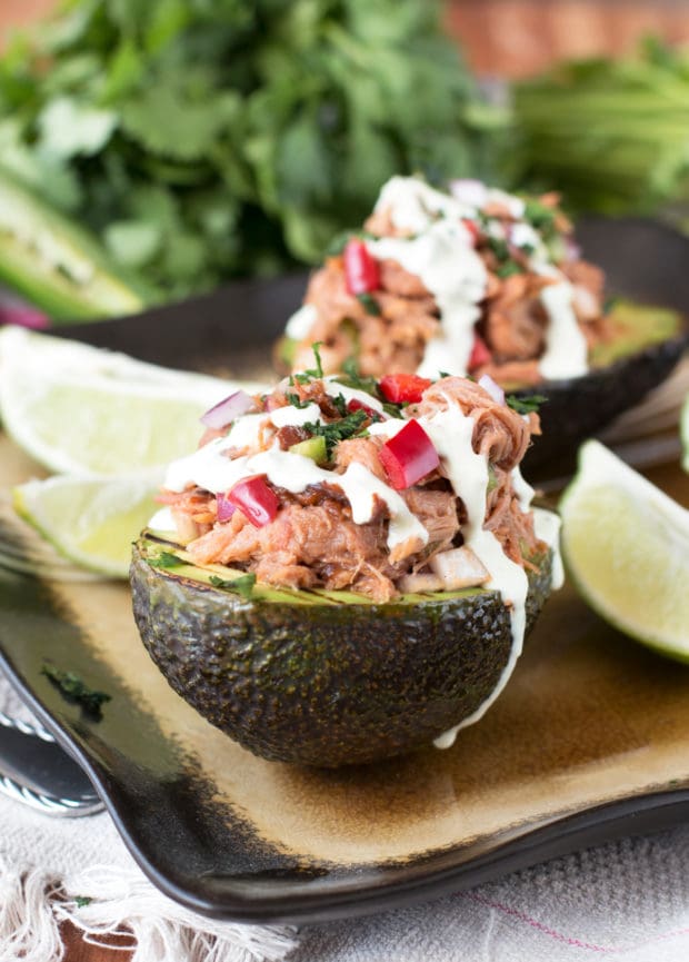 Grilled Pulled Pork Tex Mex Stuffed Avocados | cakenknife.com #grilling #healthy #dinner