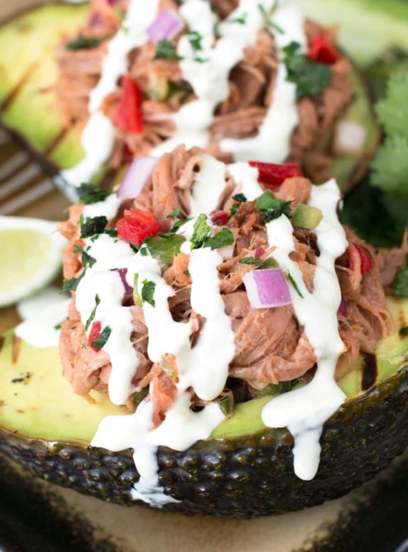 Grilled Pulled Pork Tex Mex Stuffed Avocados | cakenknife.com #grilling #healthy #dinner