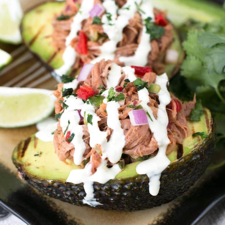 Grilled Pulled Pork Tex Mex Stuffed Avocados | cakenknife.com #grilling #healthy #dinner
