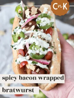 spicy bacon wrapped bratwurst pinterest image