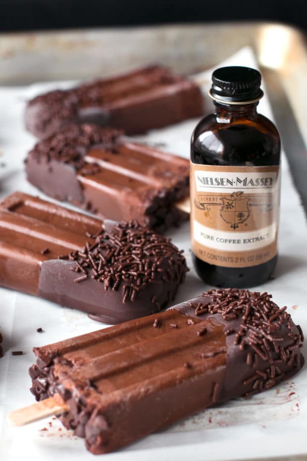 Dark Chocolate Dipped Mocha Popsicles | cakenknife.com #ad #popsicle #dessert #chocolate