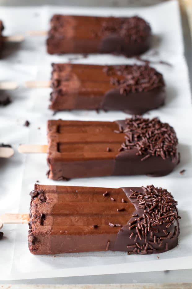 Dark Chocolate Dipped Mocha Popsicles | cakenknife.com #ad #popsicle #dessert #chocolate