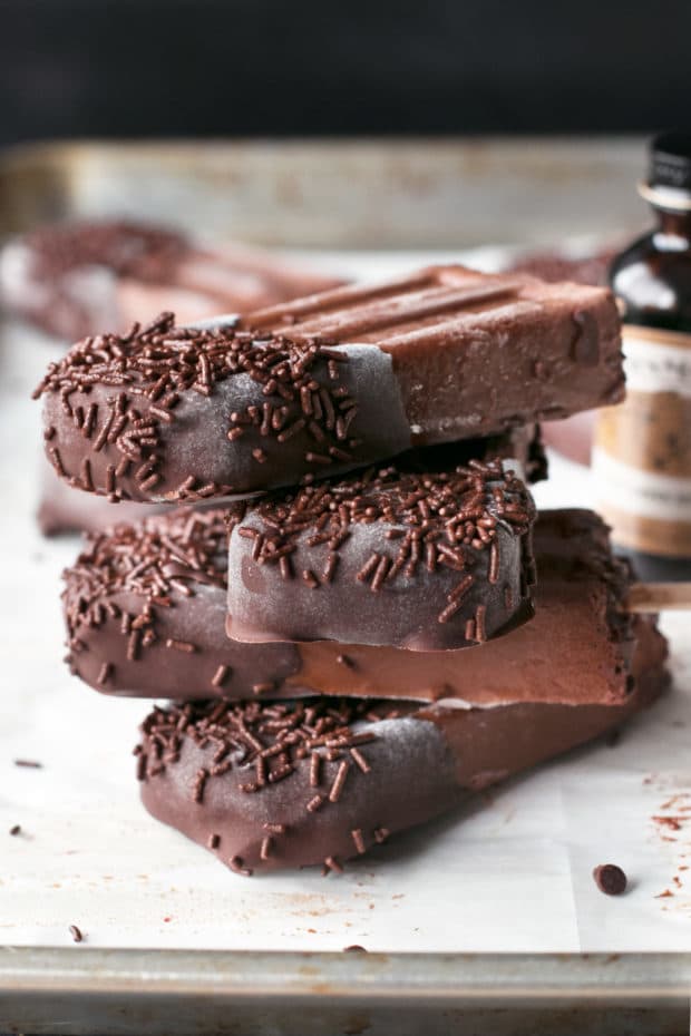 Dark Chocolate Dipped Mocha Popsicles | cakenknife.com #ad #popsicle #dessert #chocolate