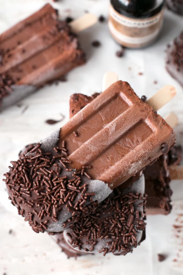 Dark Chocolate Dipped Mocha Popsicles | cakenknife.com #ad #popsicle #dessert #chocolate