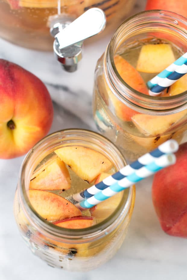 Sparkling Grilled Peach Sangria | cakenknife.com #grilling #peaches #wine #cocktail