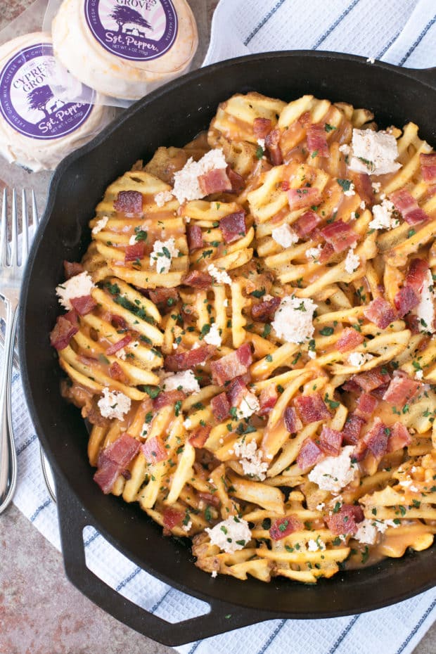 Waffle Fry Spicy Pepper Bacon Poutine | cakenknife.com #appetizer #snack #frenchfries