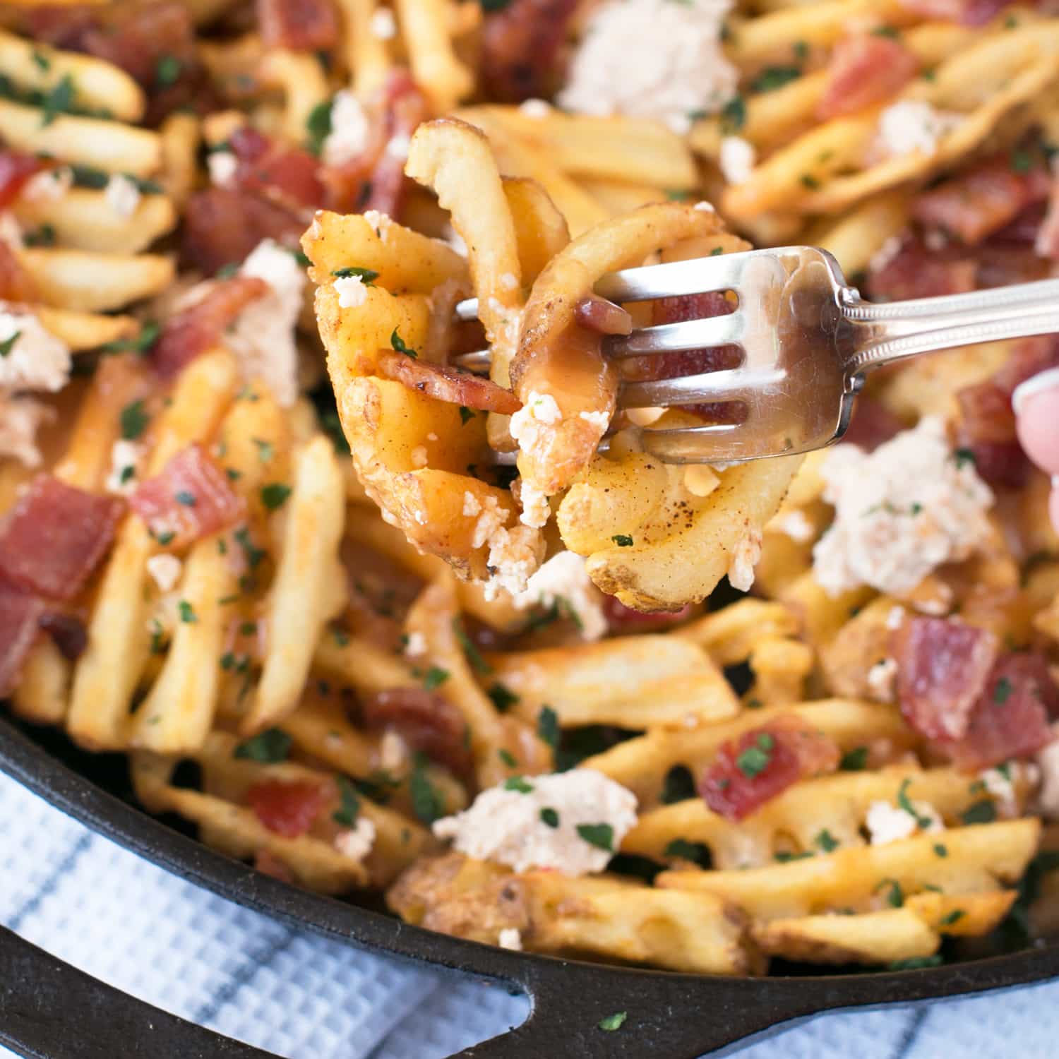 Waffle Fry Spicy Pepper Bacon Poutine | cakenknife.com #appetizer #snack #frenchfries