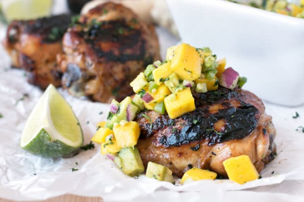 Spicy Ginger Grilled Chicken Thighs with Avocado Salsa | cakenknife.com #grilling #summer #recipe