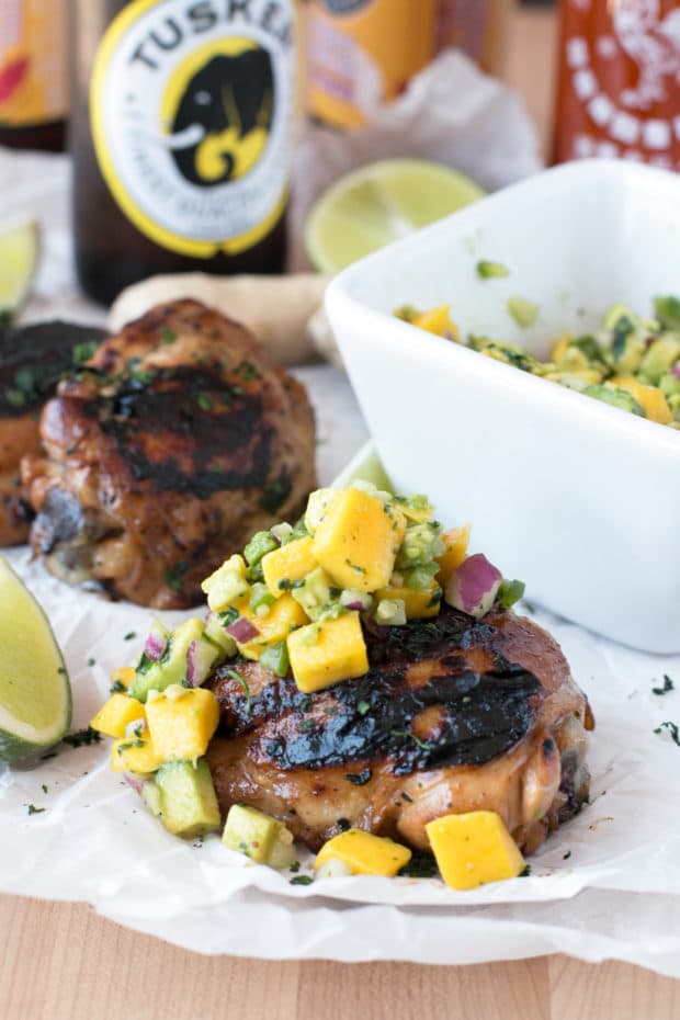 Spicy Ginger Grilled Chicken Thighs with Avocado Salsa | cakenknife.com #grilling #summer #recipe