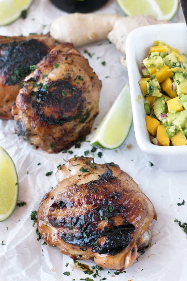 Spicy Ginger Grilled Chicken Thighs with Avocado Salsa | cakenknife.com #grilling #summer #recipe