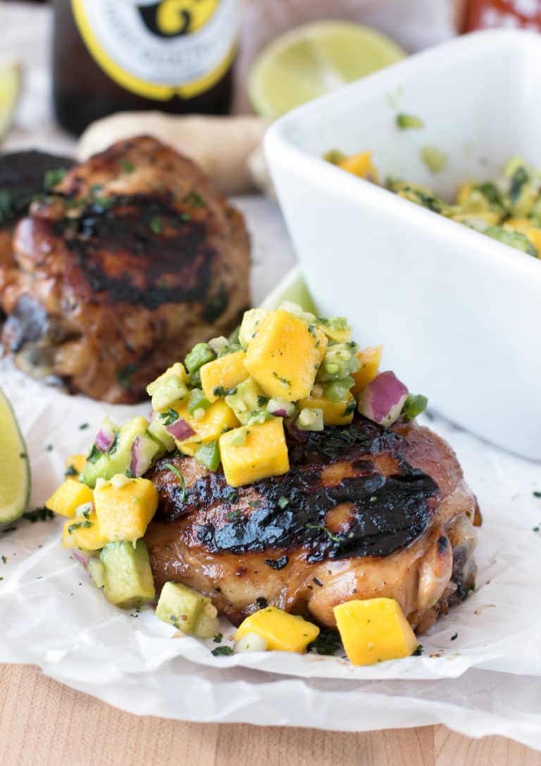 Spicy Ginger Grilled Chicken Thighs with Avocado Salsa | cakenknife.com #grilling #summer #recipe