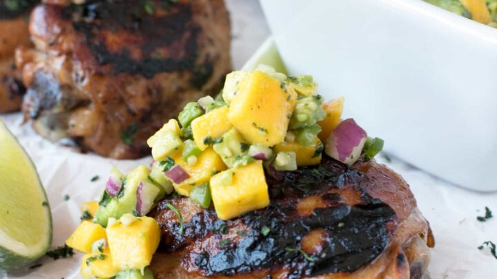 Spicy Ginger Grilled Chicken Thighs with Avocado Salsa | cakenknife.com #grilling #summer #recipe