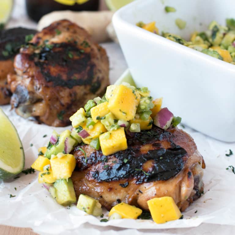 Spicy Ginger Grilled Chicken Thighs with Avocado Salsa | cakenknife.com #grilling #summer #recipe