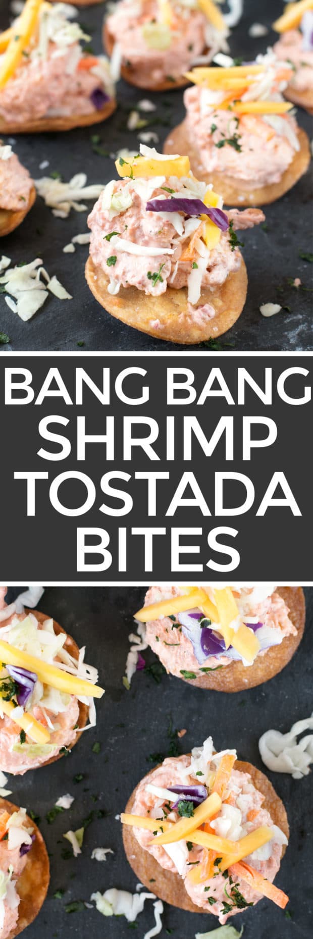 Bang Bang Shrimp Tostada Bites with Mango Slaw | cakenknife.com #appetizer #party #bangbangshrimp