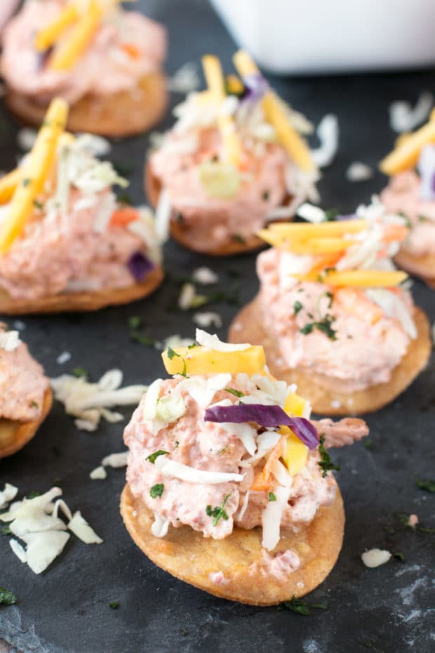 Bang Bang Shrimp Tostada Bites with Mango Slaw | cakenknife.com #appetizer #party #bangbangshrimp