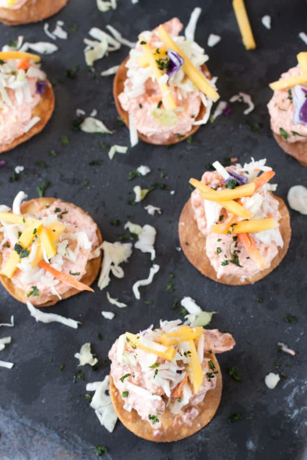 Bang Bang Shrimp Tostada Bites with Mango Slaw | cakenknife.com #appetizer #party #bangbangshrimp