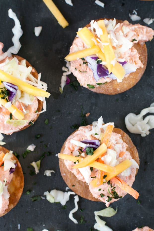 Bang Bang Shrimp Tostada Bites with Mango Slaw | cakenknife.com #appetizer #party #bangbangshrimp