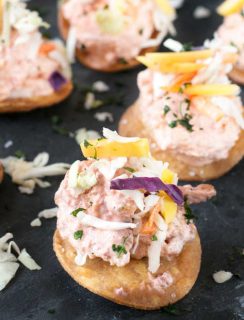 Bang Bang Shrimp Tostada Bites with Mango Slaw | cakenknife.com #appetizer #party #bangbangshrimp