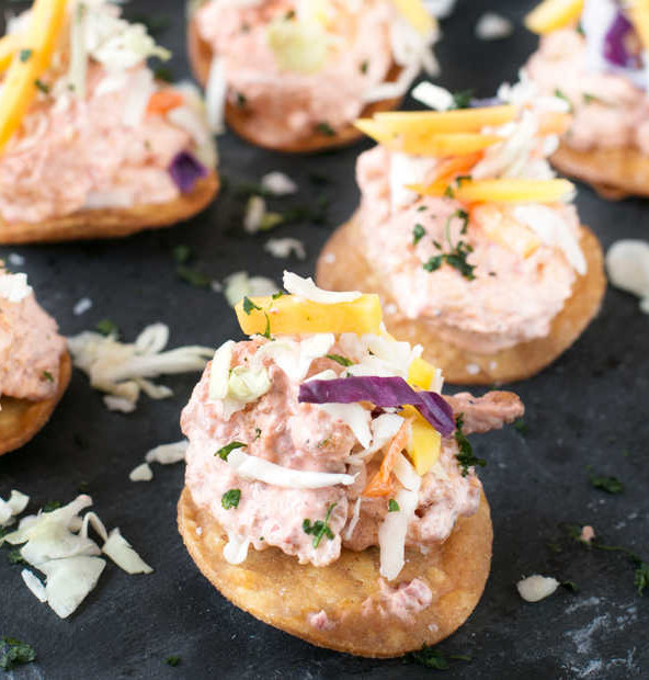 Bang Bang Shrimp Tostada Bites with Mango Slaw | cakenknife.com #appetizer #party #bangbangshrimp