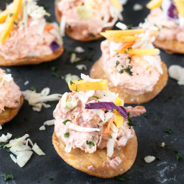 Bang Bang Shrimp Tostada Bites with Mango Slaw | cakenknife.com #appetizer #party #bangbangshrimp