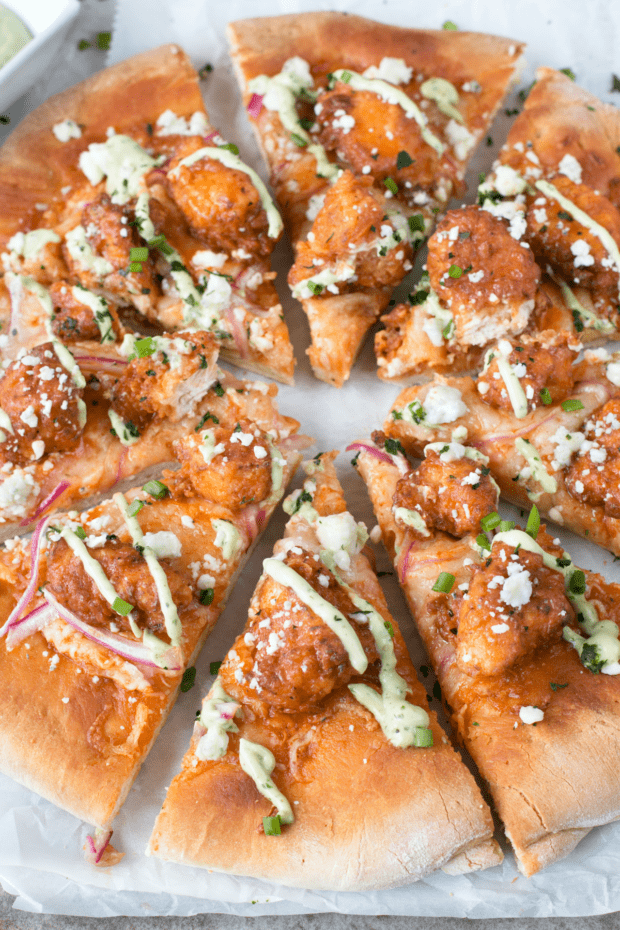 Buffalo Chicken Pizza with Blue Cheese Avocado Dressing | cakenknife.com #pizza #buffalochicken #chickenwings