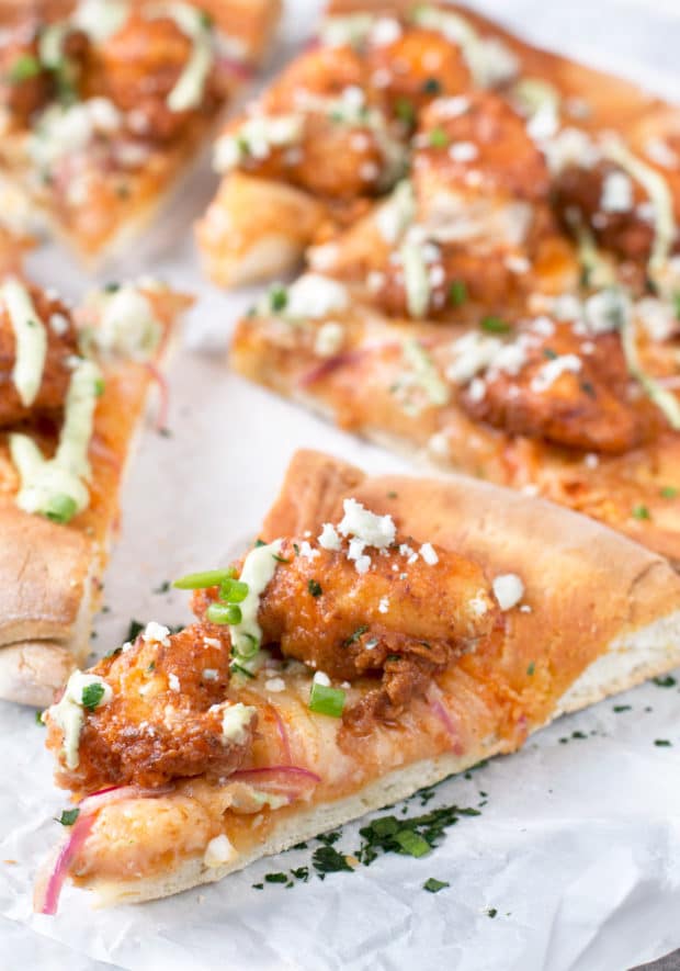 Buffalo Chicken Pizza with Blue Cheese Avocado Dressing | cakenknife.com #pizza #buffalochicken #chickenwings