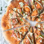 Buffalo Chicken Pizza with Blue Cheese Avocado Dressing | cakenknife.com #pizza #buffalochicken #chickenwings