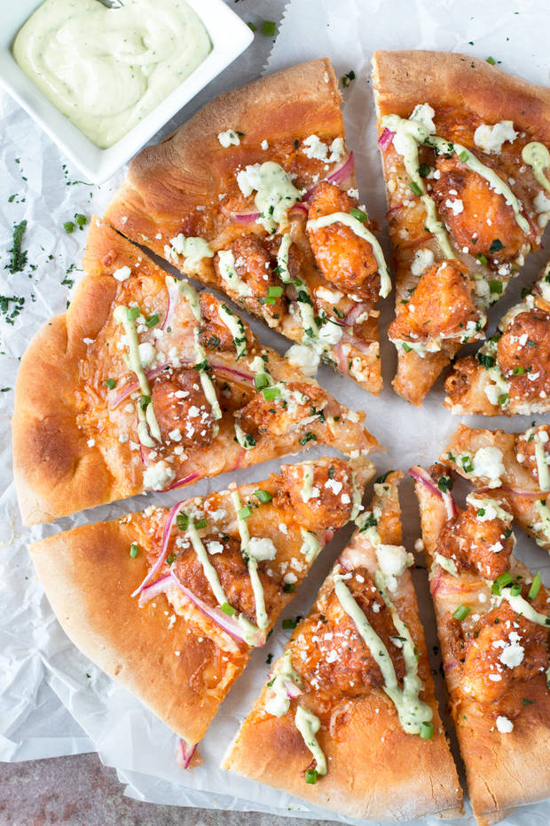 Buffalo Chicken Pizza with Blue Cheese Avocado Dressing | cakenknife.com #pizza #buffalochicken #chickenwings