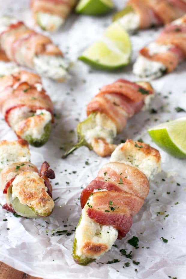 Goat Cheese Stuffed Bacon Wrapped Jalapeños | cakenknife.com #sponsored #goatcheese #tailgating