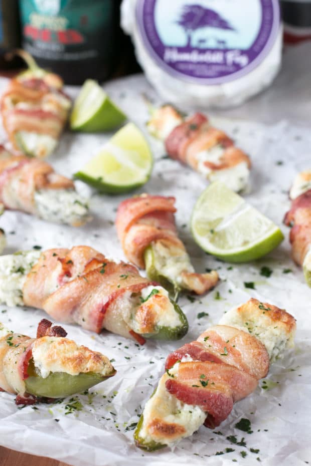 Goat Cheese Stuffed Bacon Wrapped Jalapeños | cakenknife.com #sponsored #goatcheese #tailgating