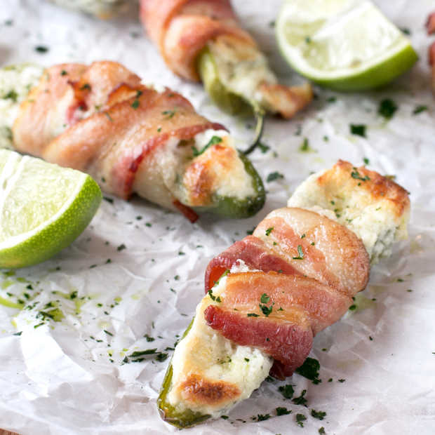 Goat Cheese Stuffed Bacon Wrapped Jalapeños | cakenknife.com #sponsored #goatcheese #tailgating