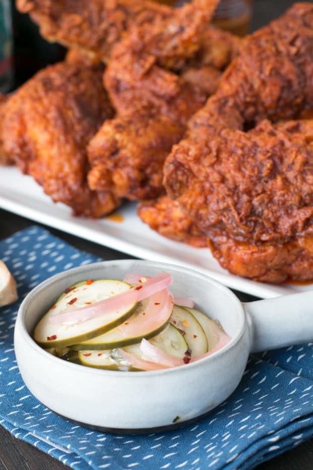 Hot Chicken with Homemade Quick Pickles | cakenknife.com #dinner #southern #nashville #friedchicken