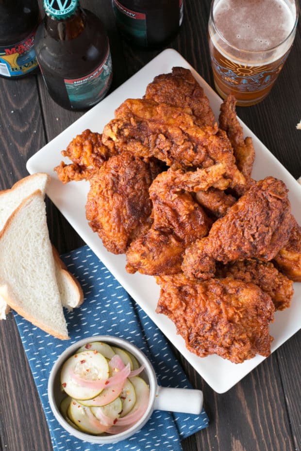 Hot Chicken with Homemade Quick Pickles | cakenknife.com #dinner #southern #nashville #friedchicken