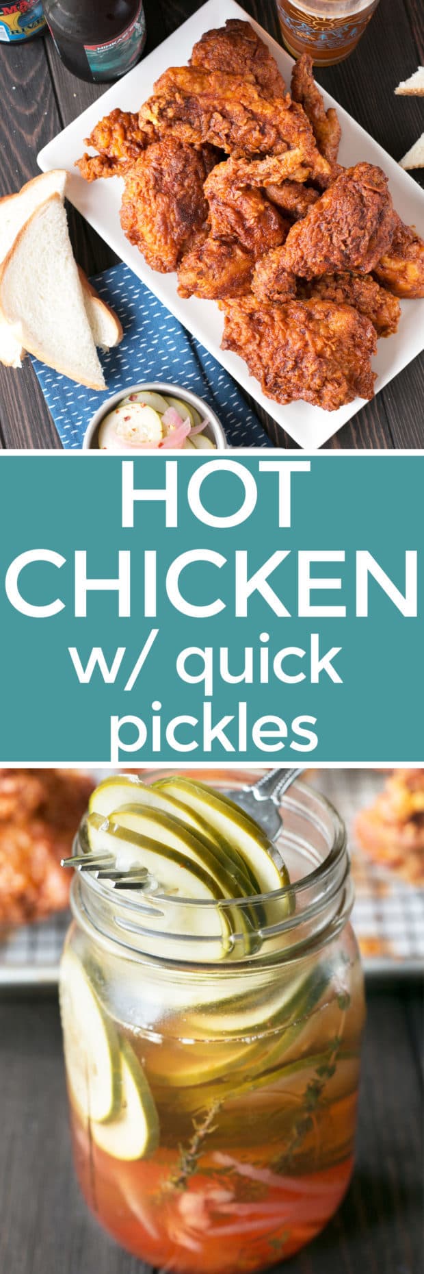 Hot Chicken with Homemade Quick Pickles | cakenknife.com #dinner #southern #nashville #friedchicken