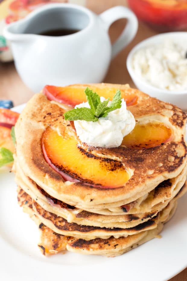 Protein Peach Pancakes with Whipped Mint Butter and Bourbon Maple Syrup | cakenknife.com #breakfast #brunch #vegan #glutenfree #paleo