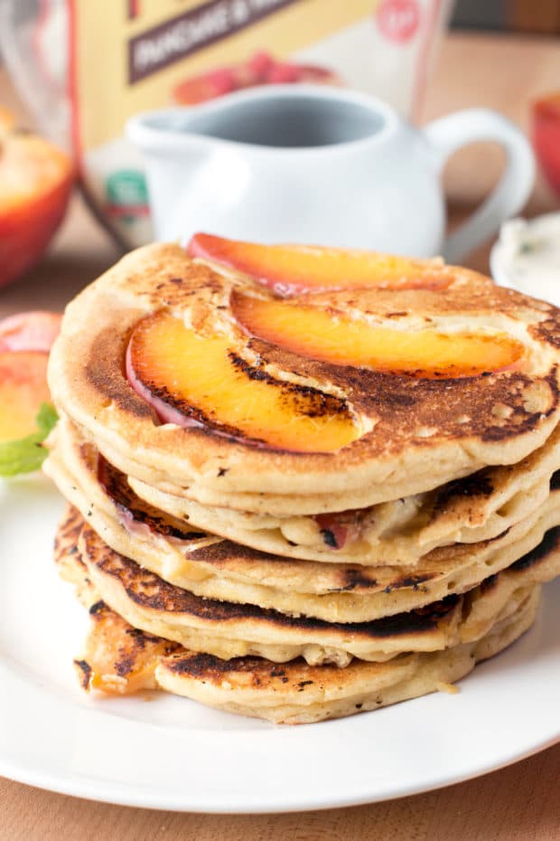 Protein Peach Pancakes with Whipped Mint Butter and Bourbon Maple Syrup | cakenknife.com #breakfast #brunch #vegan #glutenfree #paleo