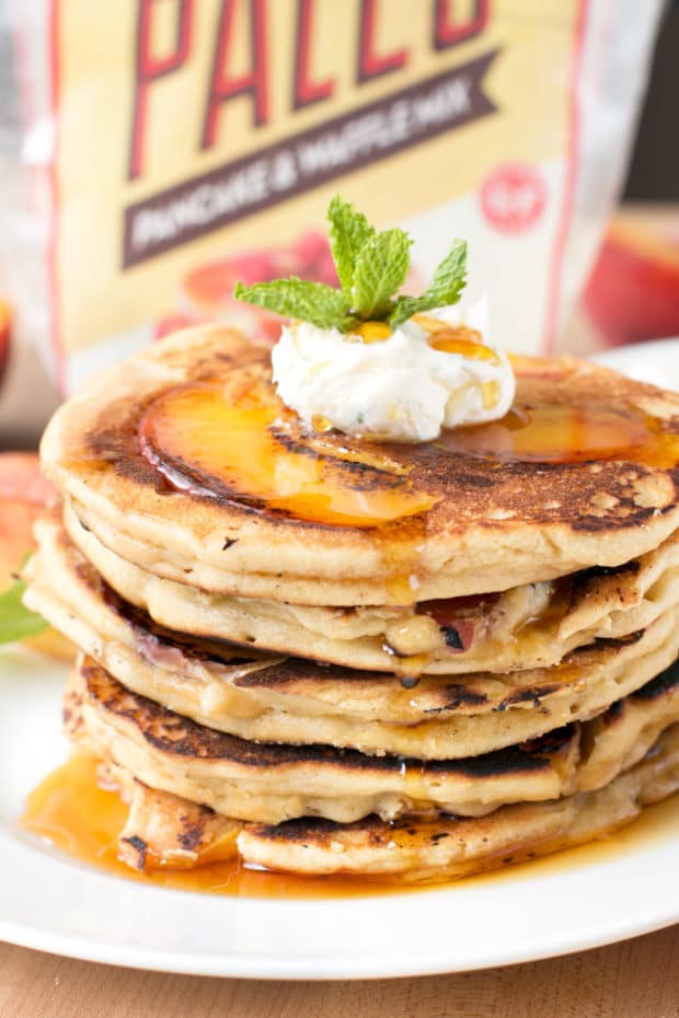 Protein Peach Pancakes with Whipped Mint Butter and Bourbon Maple Syrup | cakenknife.com #breakfast #brunch #vegan #glutenfree #paleo