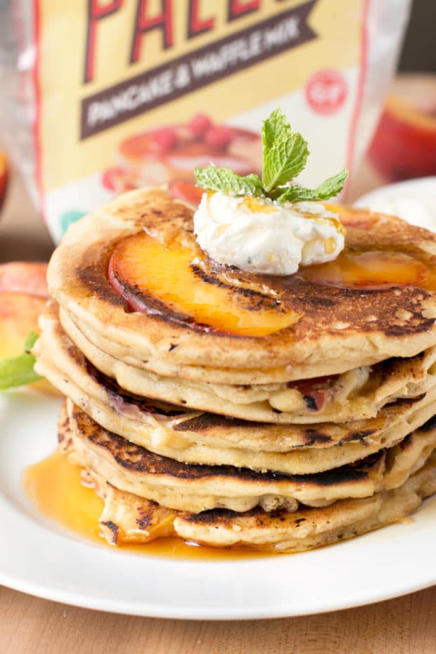 Protein Peach Pancakes with Whipped Mint Butter and Bourbon Maple Syrup | cakenknife.com #breakfast #brunch #vegan #glutenfree #paleo